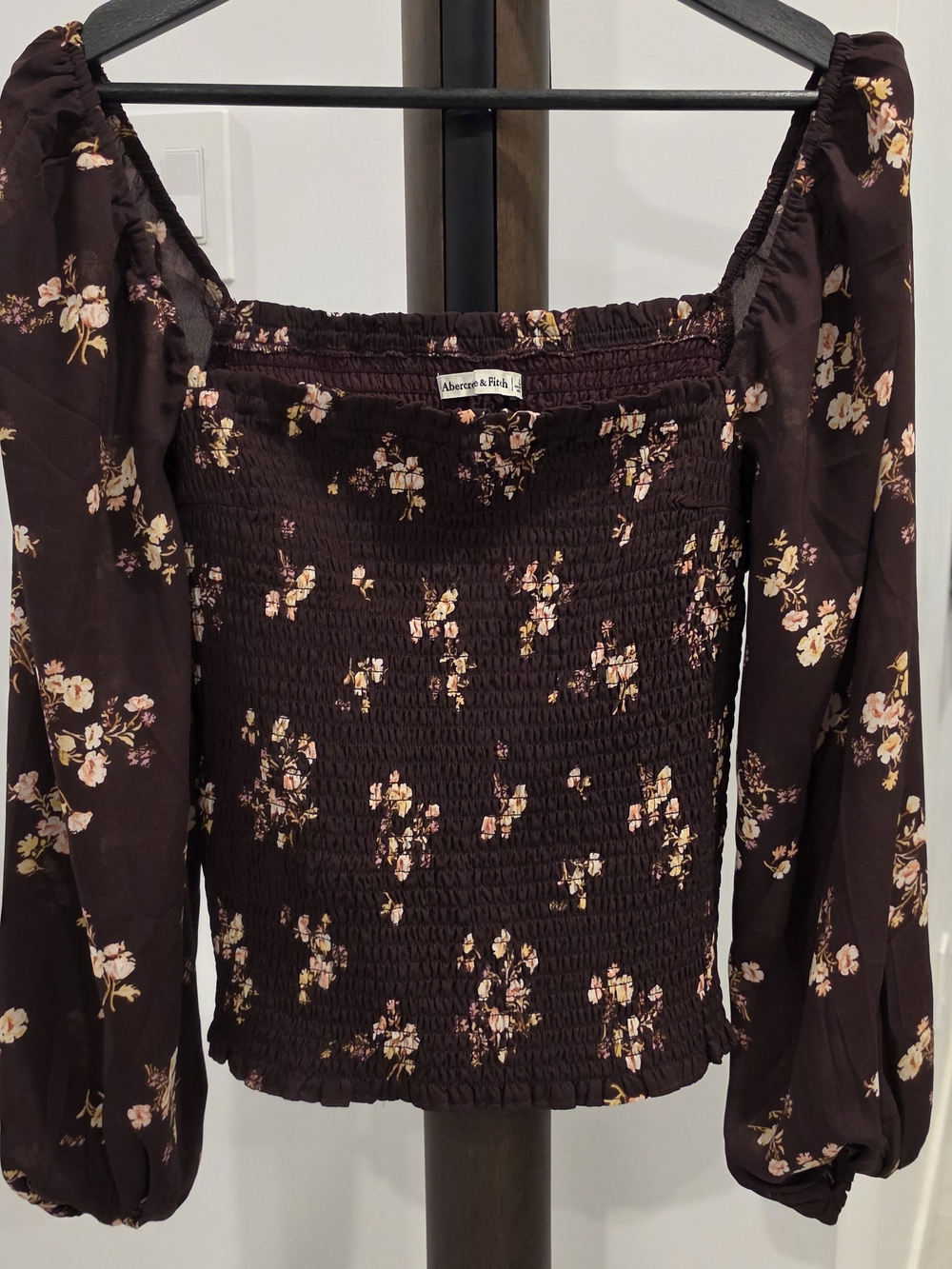 Abercrombie & Fitch Dark Brown Floral Smocked Long-Sleeve Top